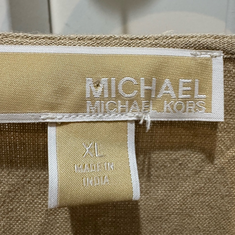 Michael Kors Tan Linen Blend Puff Sleeve Blouse XL Gold Hardware Spring 2024 - Picture 9 of 13